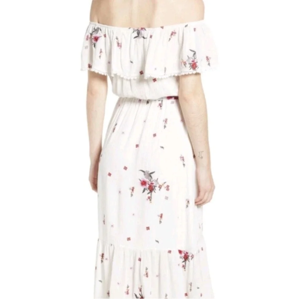 Lost + Wander‎ White Floral Embroidered Off Shoulder Maxi Dress Boho Tassel Sz S